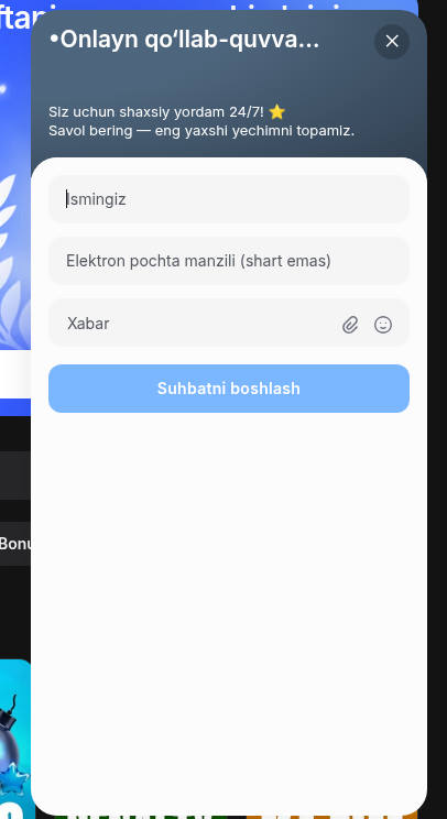 1Win jonli chat — o'zbek tilida savol va javob, 24/7 qo'llab-quvvatlash