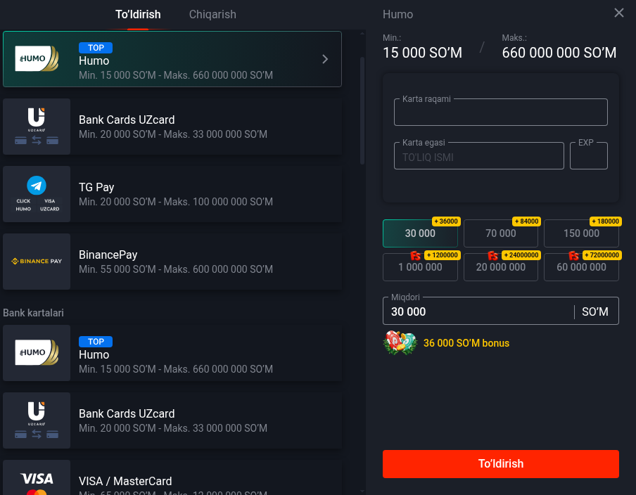 Pin-Up depozit usullari — Humo, UzCard, Click, PayMe, TG Pay limitlari