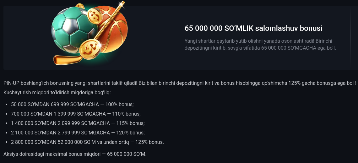 Pin-Up sport bonus — 125% gacha, x10 veyjer, 30 kun muddat