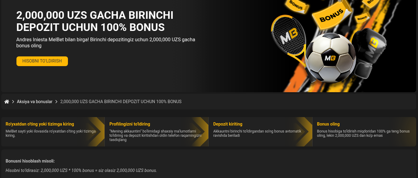 Melbet sport bonus — 100% birinchi depozitga, x5 veyjer, 30 kun