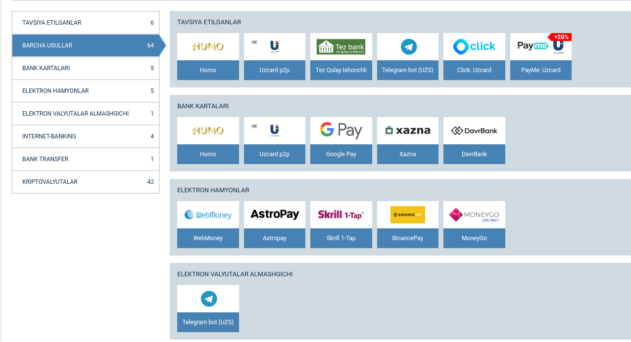 1xBet depozit usullari — Humo, UzCard, Click, PayMe limitlari