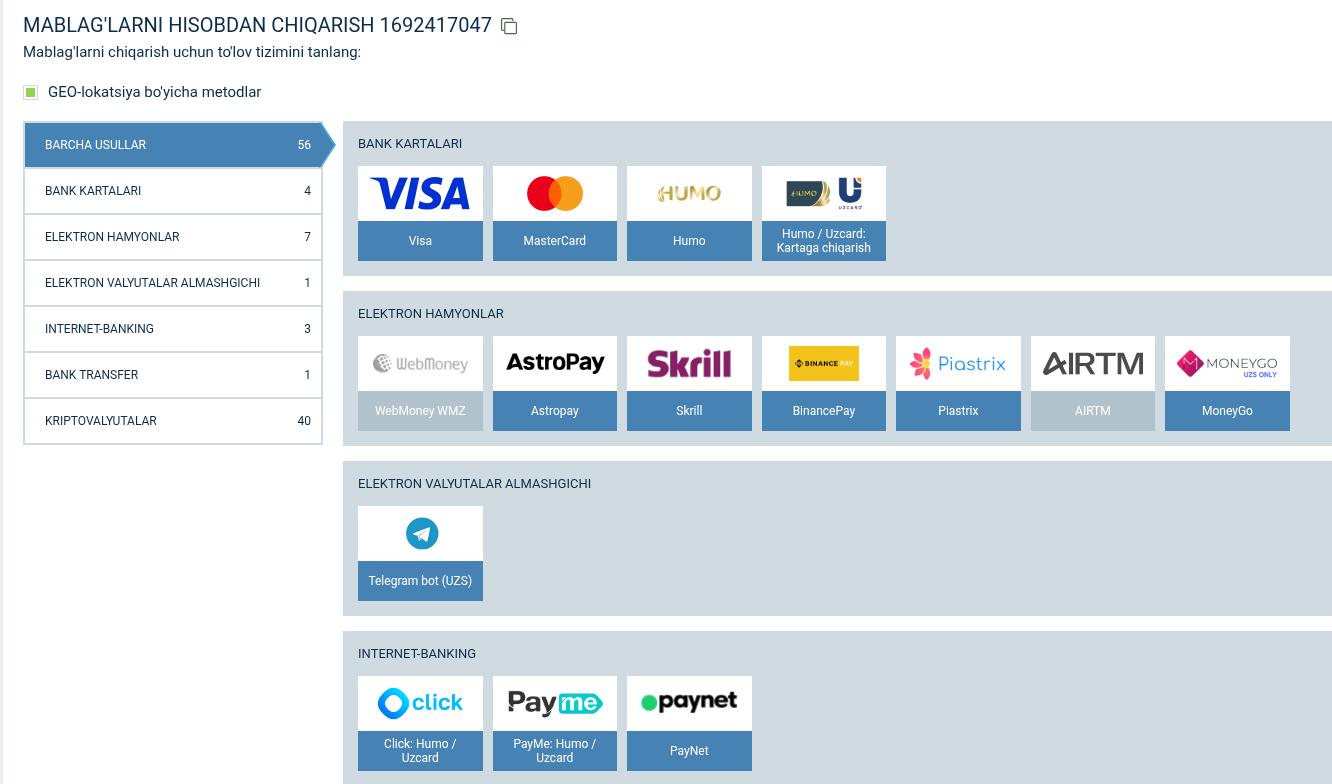 1xBet pul yechish usullari — Click, PayMe, Humo limitlari