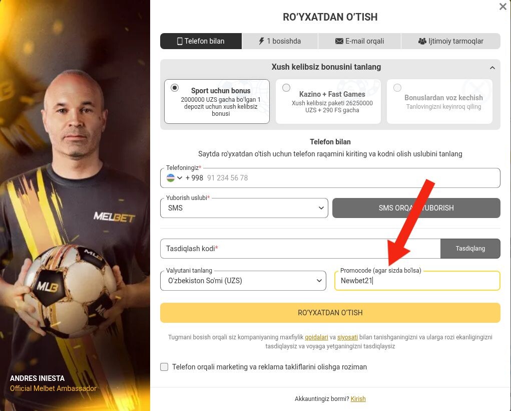 Melbet ro'yxatdan o'tishda Newbet21 promokodi