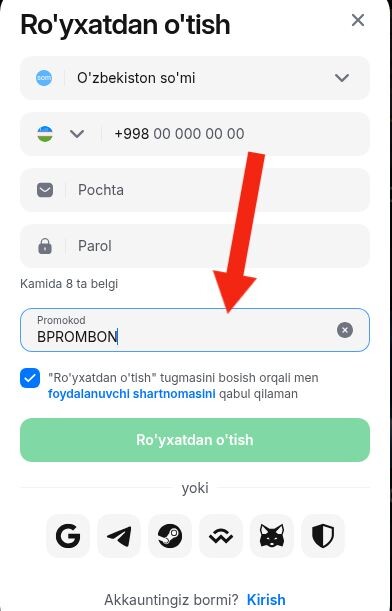 1win ro'yxatdan o'tish formasida promokod maydoniga UZRUP kiritish